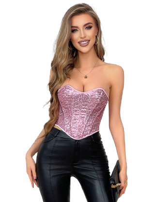 15 Pieces Plastic Bones Pink  Sequined Palace Style Lace Up Corset