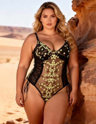 Fashion Embroidery Black Mesh Plus Size Bodysuit With Underwire