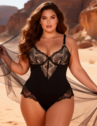 Black Lace Patchwork Suspender Bodysuit