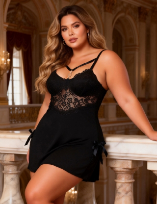 Black Sexy Modal Lace Slit Nightdress