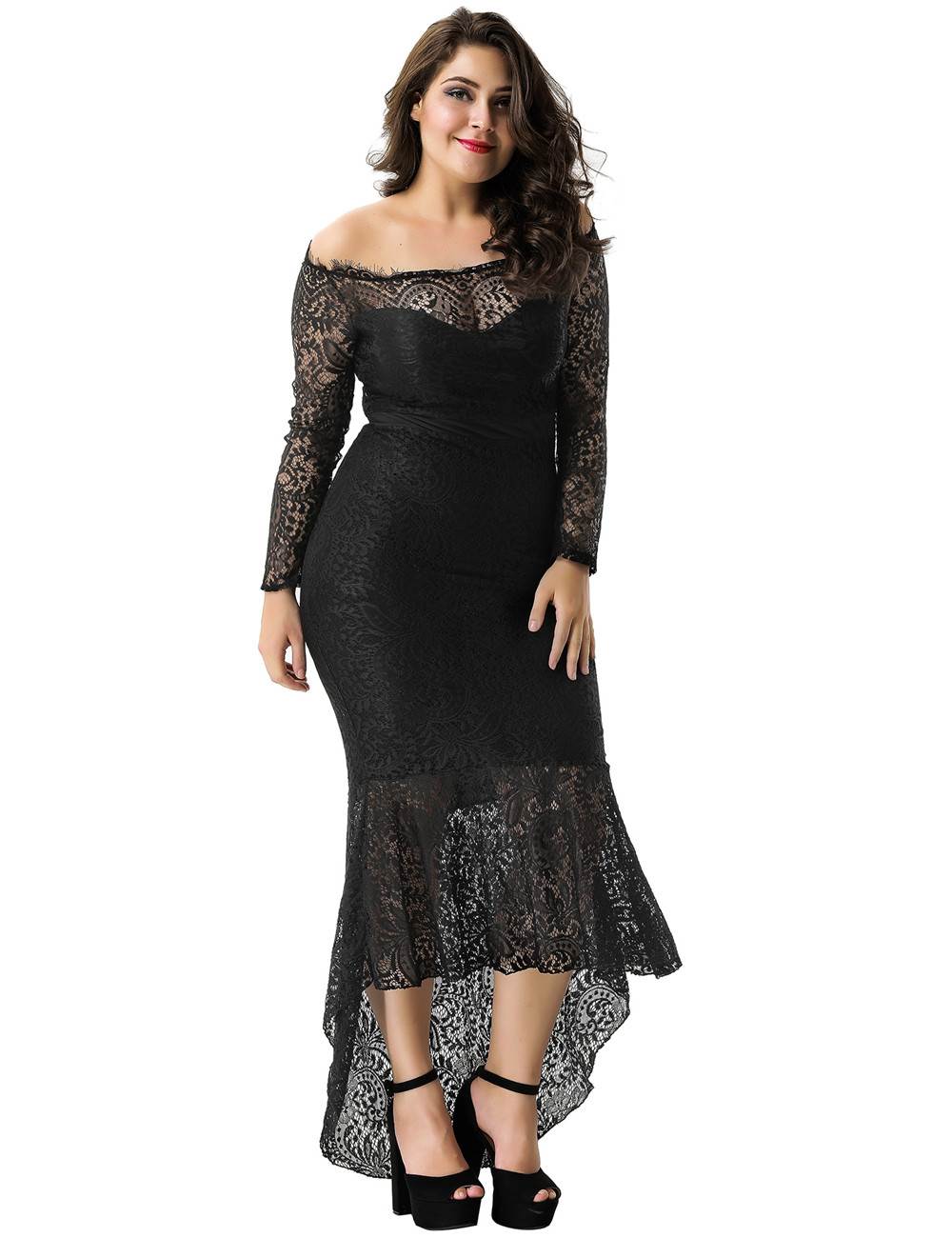 $11.98 Delicate Floral Lace Low Hem Black Evening Dress Wholesale