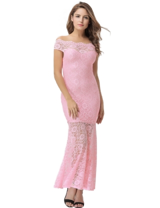 Pink Lace Elegant Fishtail Maxi Party Gown