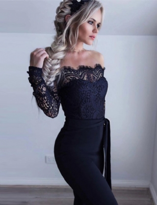 Black Falling Shoulder Lace Stitching Fashion Jumpsuit