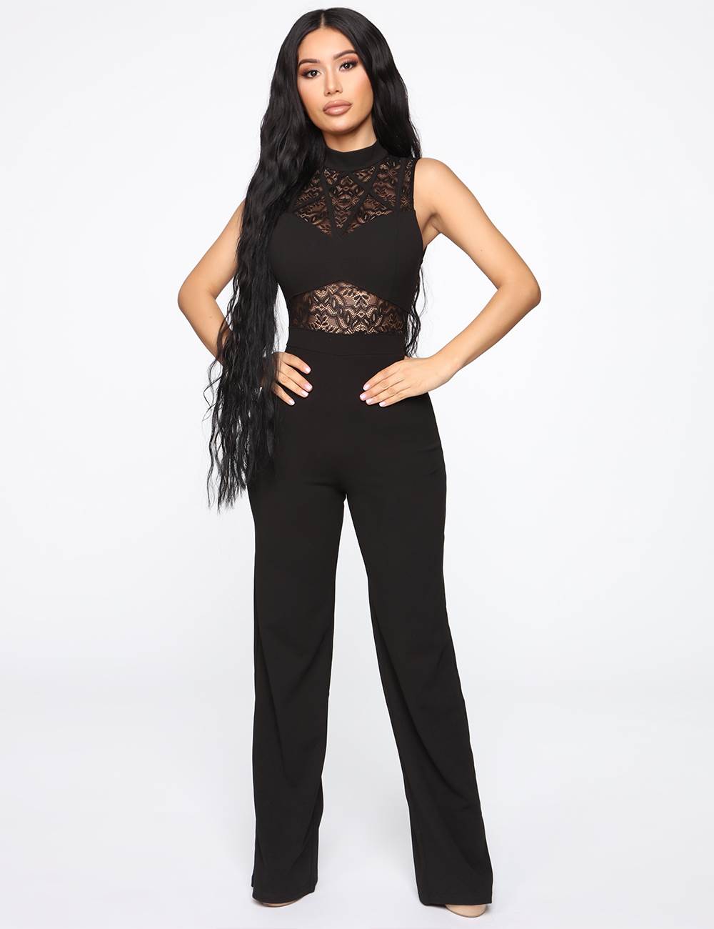 Black Hollow Lace Sleeveless High Neck Sexy Jumpsuit | Ohyeah