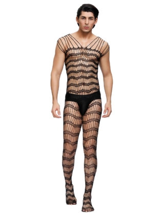 Black Strappy Shoulders Sheer Open Net Bodystockings For Men