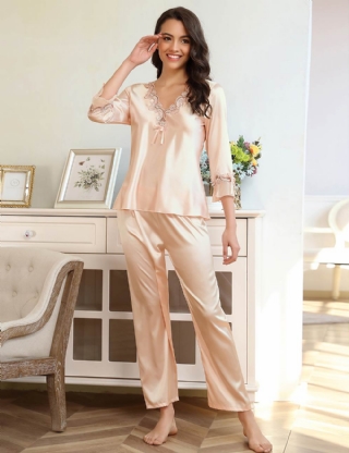 High Quality Long Sleeve Silk Pajama Set Two Piece Set