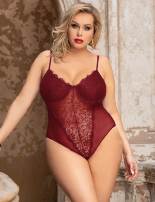 Plus Size Crotch Open Red High Quality Lace Splicing Sexy Teddy With Underwire