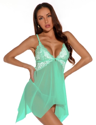 Green Lace Stitching Irregular Skirt Perspective Babydoll 