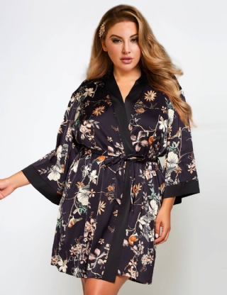 Plus Size Printing Silk Long Sleeves Sleepwear with Thong