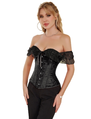 Black off Shoulder 12 Pieces Plastic Bones Lace Corsets with Panties