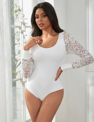 White  Long Sleeve Openable Crotch Mesh Bodysuit