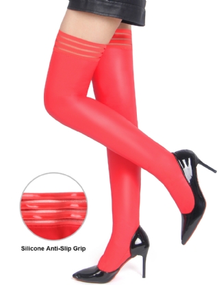 Red Sexy Matt PU Leather Striped Elastic Stockings