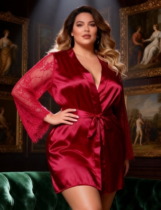 Eyelash Lace Plus Size Sleepwear Silk Long Sleeves Nightdress with G String