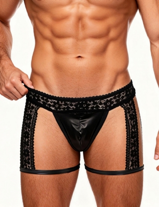 Black Sexy Lace Imitation Leather Men Underwear