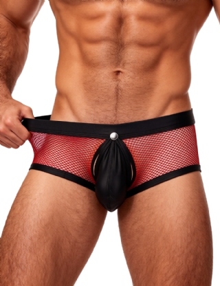 Red Sexy Mesh Openable Crotch Imitation Leather Men's Boxer Underwear