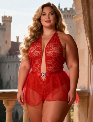 Red Sexy Lace Mesh Halter Neck Open Crotch Teddy Lingerie 2PCS Set