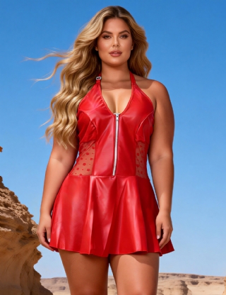 Red PU Leather Lace Sexy Halter Lingerie With Garter Belt