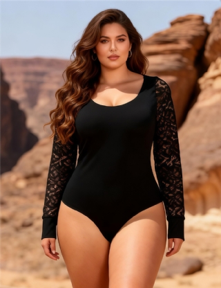 Black Sexy Swim Cloth Lace Sleeves Round Neck Open Crotch Bodysuit