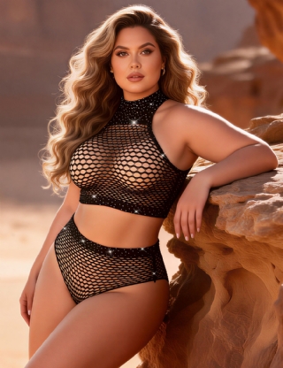 Black Two Piece Fishnet Rhinestone See Through Bikini Top and Shorts Set