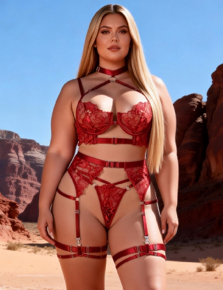 Red Sexy Halter Neck Embroidery Floral Lace Lingerie Set With Garters