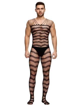 Black Strappy Shoulders Sheer Open Net Bodystockings For Men