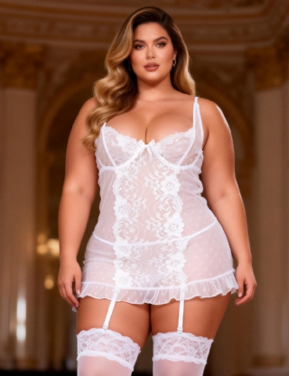 White Plus Size Polka Dot Sheer Babydoll With Underwire