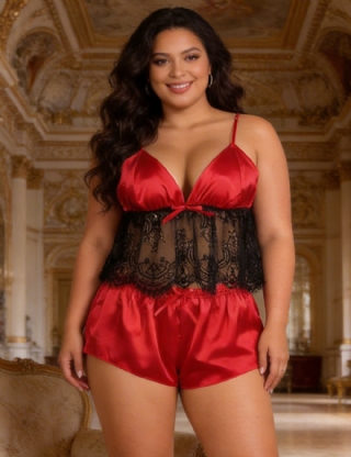 Plus Size Hollow Sexy Sleepwear Satin Lace  Splicing Pajama Sets