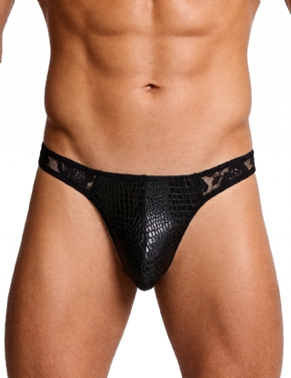 Black Sexy Men Lace And Gold Foil Faux Leather Thong