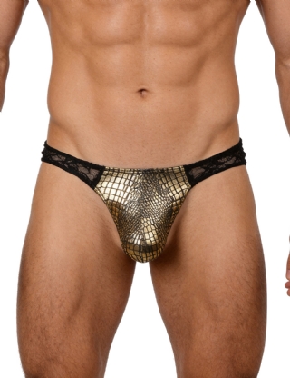 Gold Sexy Men Lace And Gold Foil Faux Leather Thong