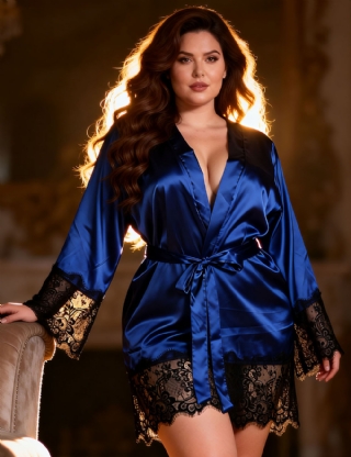 Elegant Sleepwear Silk Eyelash Lace Long Sleeves Blue Plus Size Nightdress