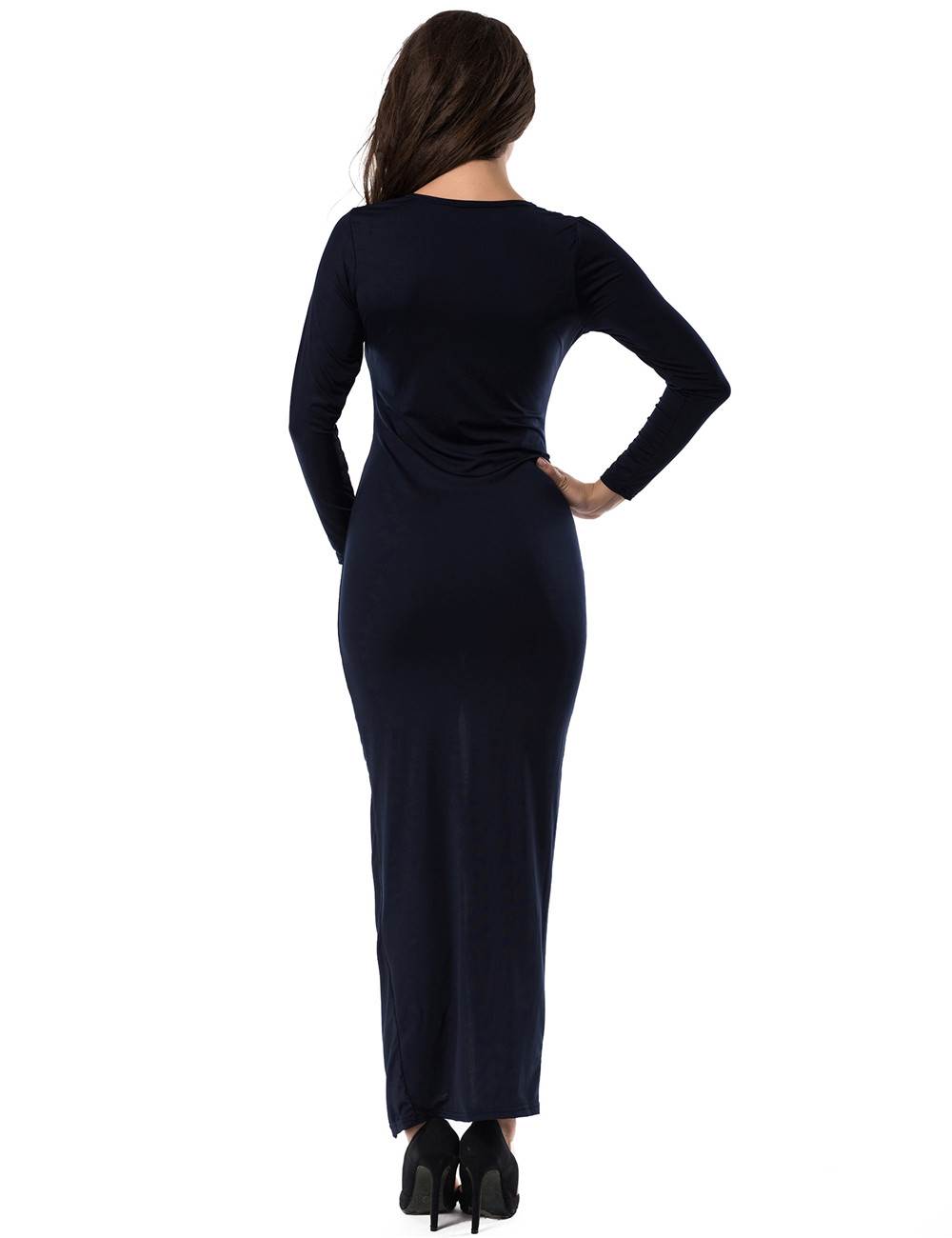 Fashion Dark Blue Long Sleeve Deep-V Neckline Maxi Dress