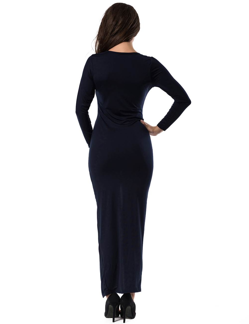 Fashion Dark Blue Long Sleeve DeepV Neckline Maxi Dress