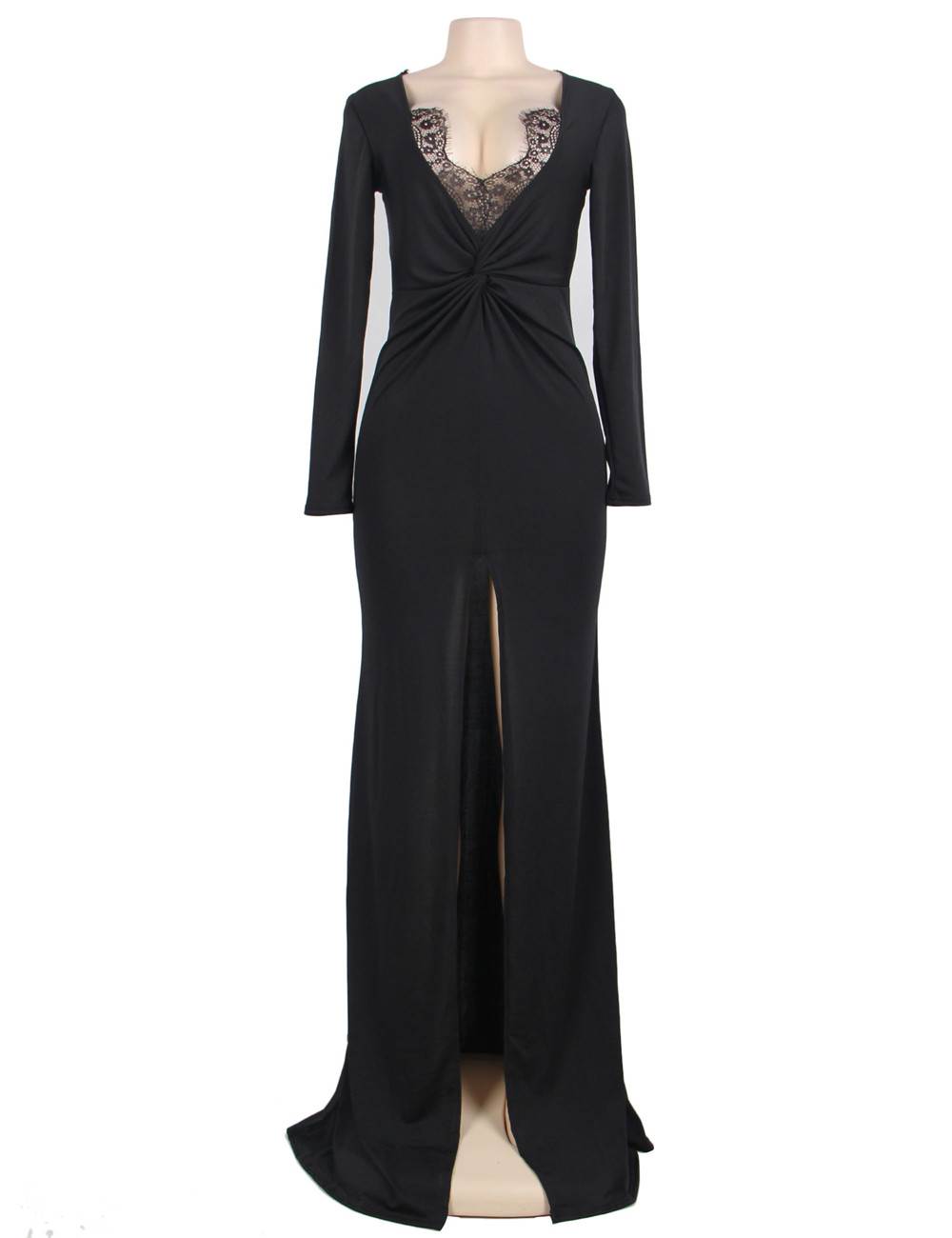 Cheap Sexy Long Sleeve Trim Black Lace Party Gown